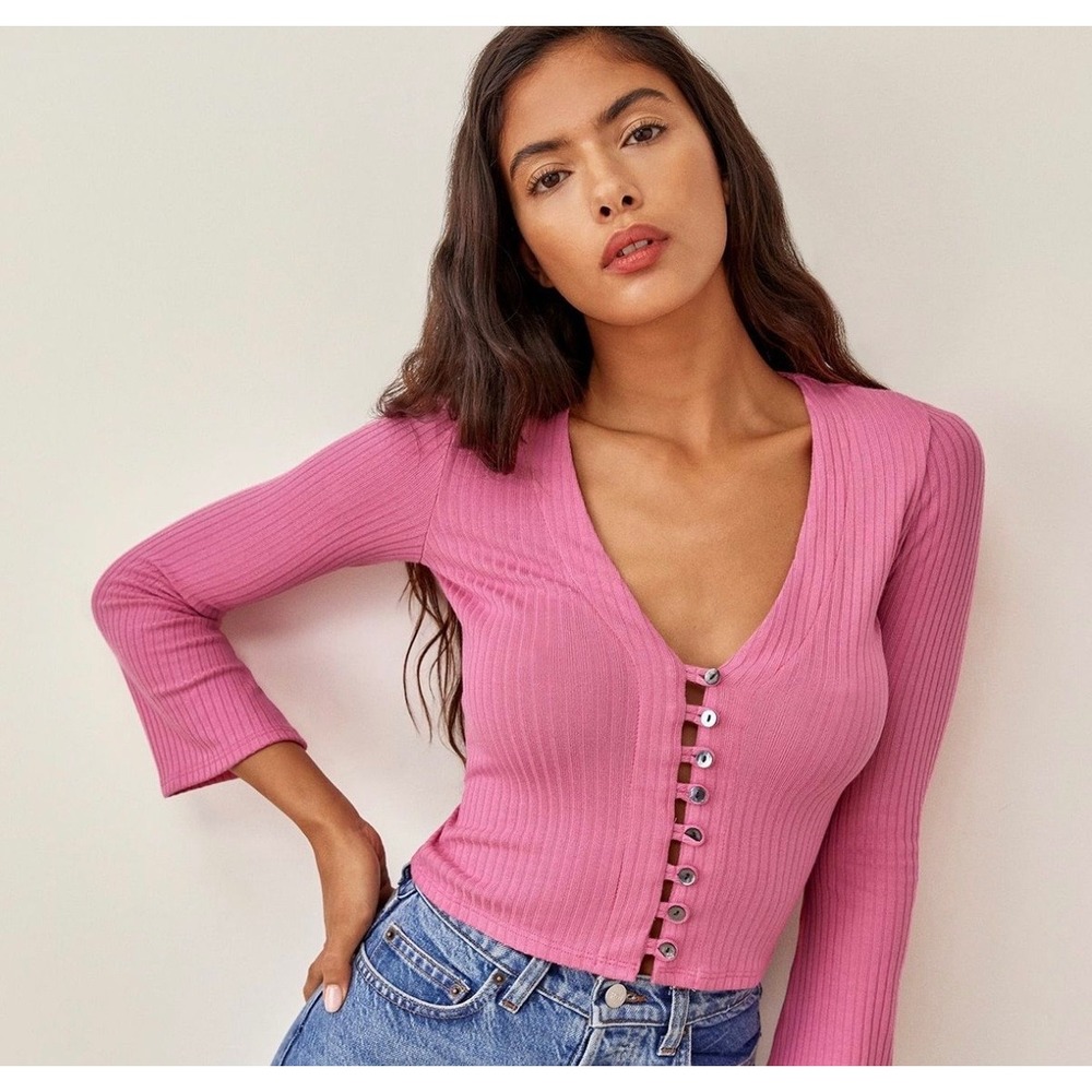 Reformation Geller Knit Cardigan Crop Top Pink Size Medium Button Front